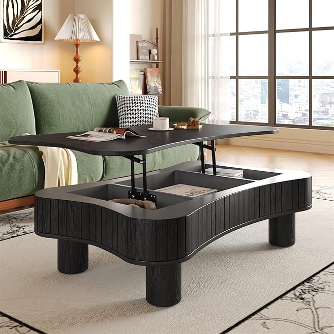 42.5'' Modern Lift Top Coffee Table for Living Room, Solid Wood Center Table, Fluted Panel Design, Storage Compartments, 42.5x27.2 Inch Surface, Hydraulic Lift Mechanism, Easy Assembly (Black)