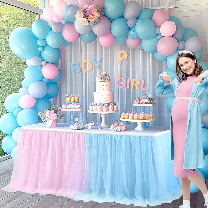 2 Pack 6ft Pink and Blue Tulle Table Skirt for Gender Reveal Tutu Table Clothes Cover for Baby Shower Boy or Girl Birthday Party Table Decorations, Gender Reveal Party Supplies