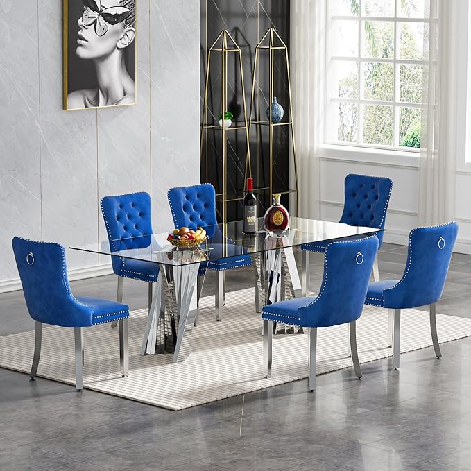 7 Piece Dining Table Set with 6 Blue Dining Chairs, Modern Glass Kitchen Table and Chairs Set for 6, 70" Rectangle Silver Glass Pedestal Dining Room Tables with Flash-Shape Stainless Steel Base