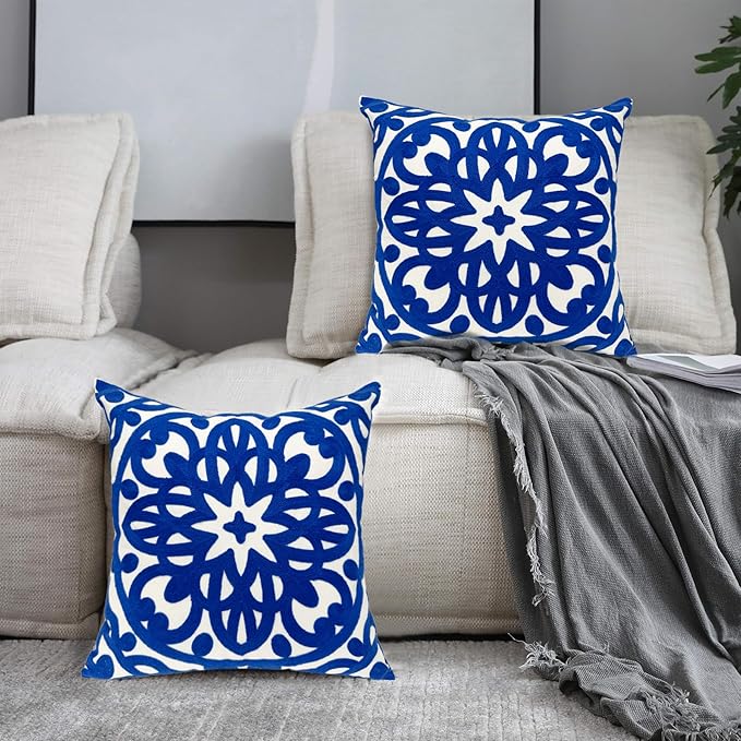Alysheer Floral Embroidered Fall Decorative Throw Pillow Cover 18"x 18" Set of 2, Boho Mandala Embroidery Royal Blue Patterned Cushion Case for Sofa Couch Living Room Bedroom Outdoor