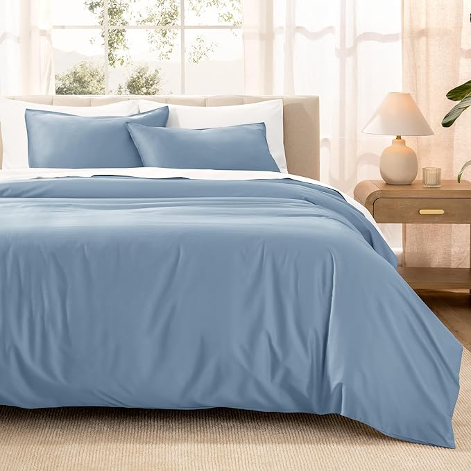 Bare Home 100% Organic Cotton Sateen Duvet Cover Set - 400 Thread Count - Smooth Sateen Weave - Warm & Luxurious - Duvet Cover (King/Cal King, Dusty Blue)