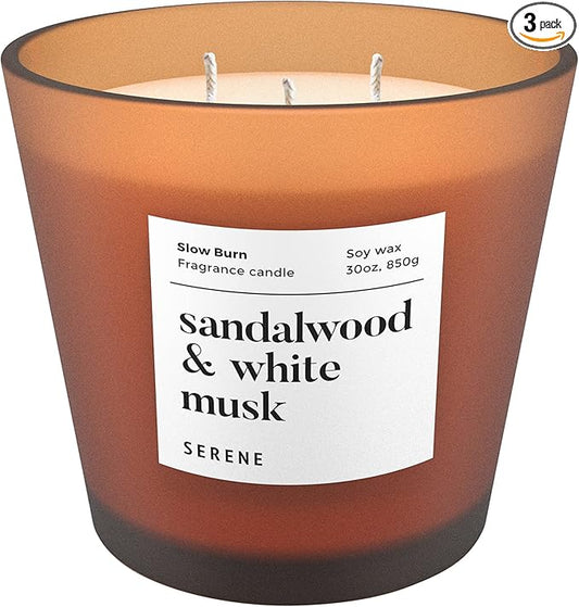 Hidden Label Large Scented Candle, Sandalwood & White Musk, 30oz 3 Wick Huge Candle, Huge Slow Burn Natural Soy Candles for Home Scented