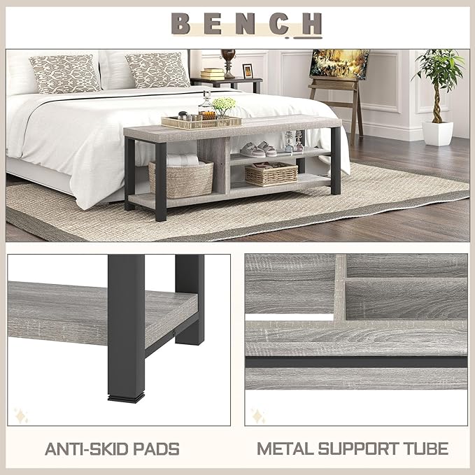 FOLUBAN Storage Bench, Vintage Wood Shoe Bench for Entryway Hallway, Industrial Indoor Shoe Rack Seat for Bedroom, Living Room, Light Grey, 43.3 Inch