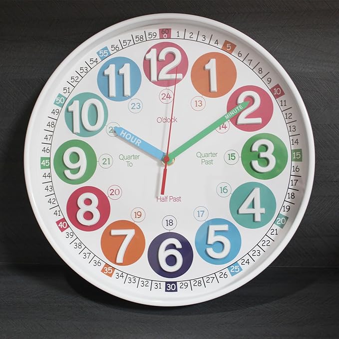 Learning Time Clock for Kids,12 Inch 3D Numbers Colorful Face Silent Clocks，Bedroom,Kitchen,Classroom,Décor at School, Clear Digital Wall Clock for Kids Room (3D White Classic)