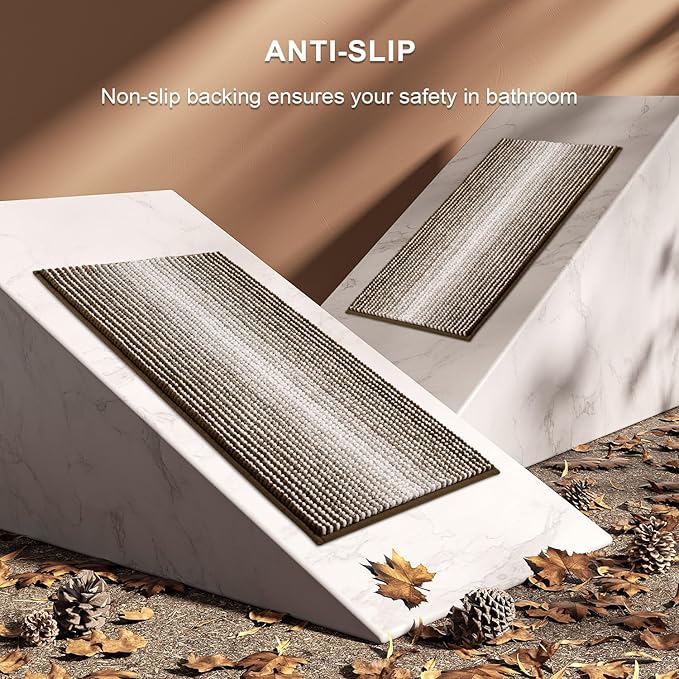 BSICPRO Bathroom Rugs and Mats Sets, 2 Piece Thick Absorbent Chenille Bath Mat Rug Set Non Slip, Soft Shaggy Bath Room Floor Mats for Bathroom, Machine Washable (Brown, 24" x 70" Plus 20" x 32")