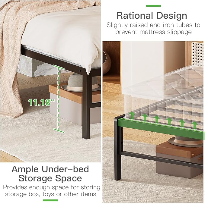 Weehom Twin Bed Frames with Headboard Shelf - Modern Twin Size Bed Frames with Wood Headboard, No Box Spring Needed Metal Platform Bed, Rustic Brown