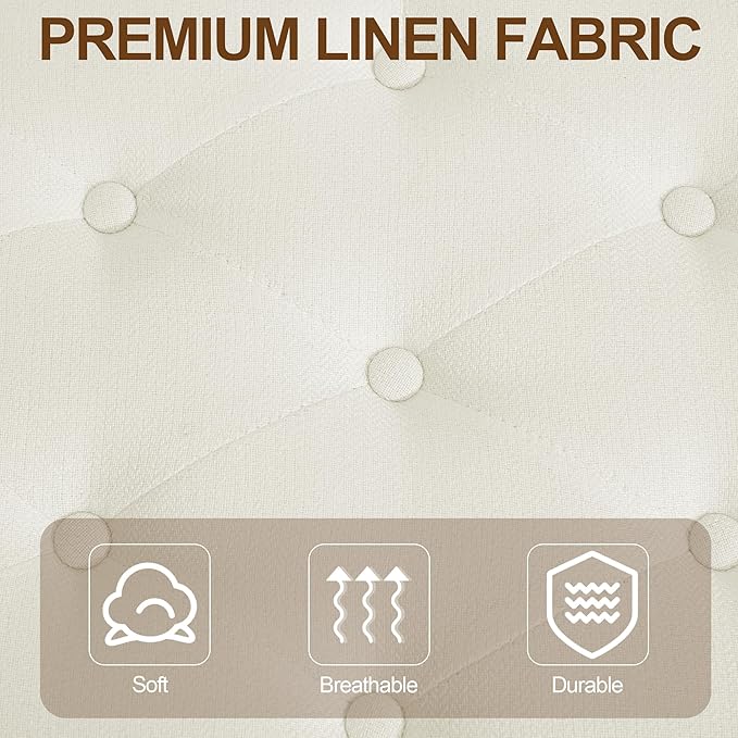 43.5'' Linen Bedroom Bench, Upholstered End of Bed Bench with Tufted Button, Padded Vintage Dining Bench, Entryway Bench with Solid Wood Legs, Kitchen, Living Room, Hallway, Beige Tufted