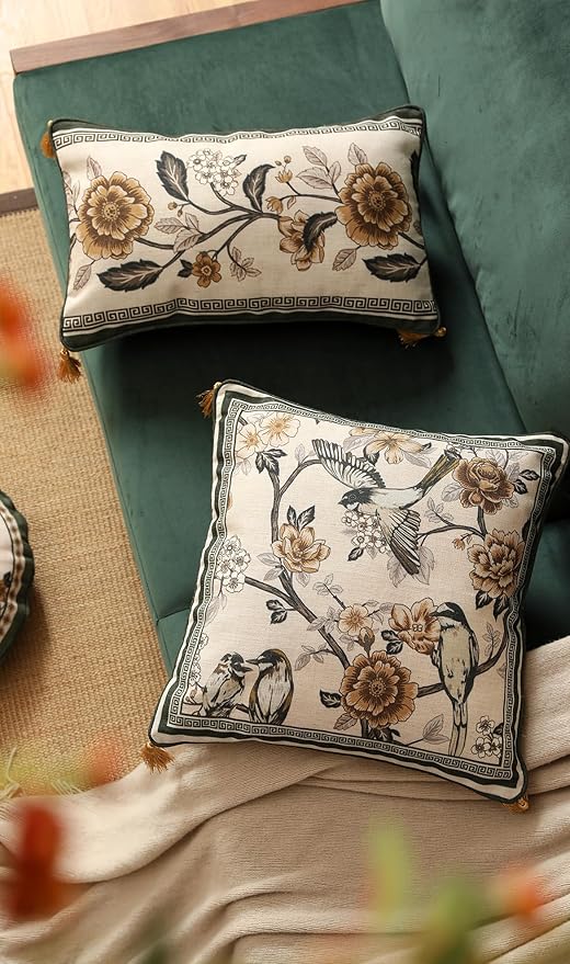 Design Linen Chinoiserie Rectangle Throw Pillow Covers 12"x20" Pack of 2, Farmhouse Cushion Covers with Yellow Floral Birds Pattern Decoration Pillowcases for Bed,Living Room,Outdoor,Car