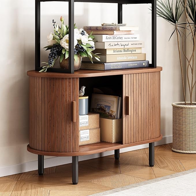 71" Tall Bookshelf, 4-Tier Book Shelf with Storage Cabinet, Modern Bookcase with Sliding Door and Adjustable Footpad, Freestanding Storage Organizer Bookshelf for Living Room, Bedroom, Walnut