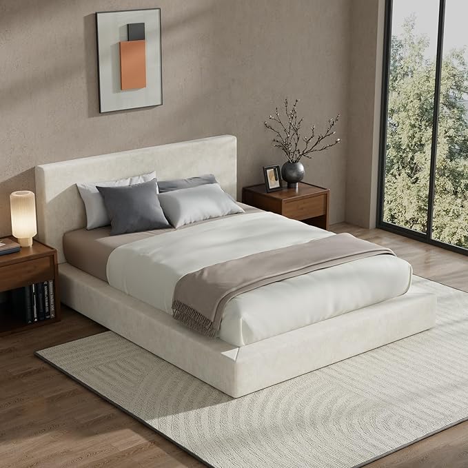 RECCI Cloud Upholstered Queen Bed Frame with Headboard, 5 Inch Foam Padded Platform, No Box Spring, Easy Assembly(Cream)
