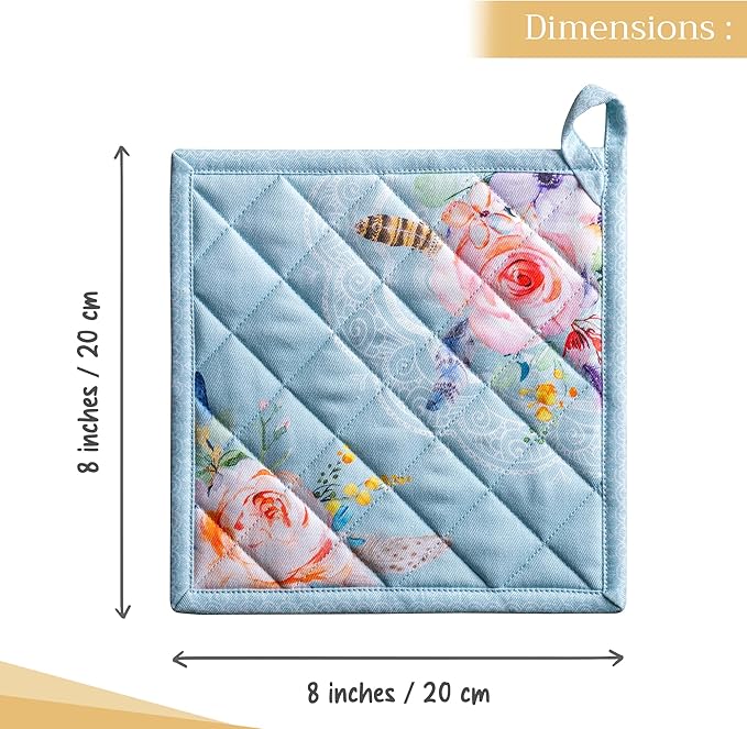 Maison d' Hermine Pot Holders Set 100% Cotton Heat Resistant Potholders 8" x 8" Hot Pads with Loop BBQ, Cooking, Baking, Grilling, Kitchen, Handling Hot Pans Spring/Summer (Pack of 2, Ibiza)