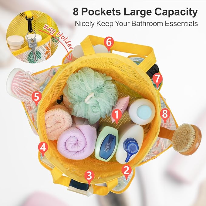 F-color Mesh Shower Caddy Portable with Drawstring - Upgrade Deeper 7 Pockets Dorm Room Essentials for Guys Girls with S Hook, Shower Bag Basket Tote for College Camping Bathroom, Yellow Beach