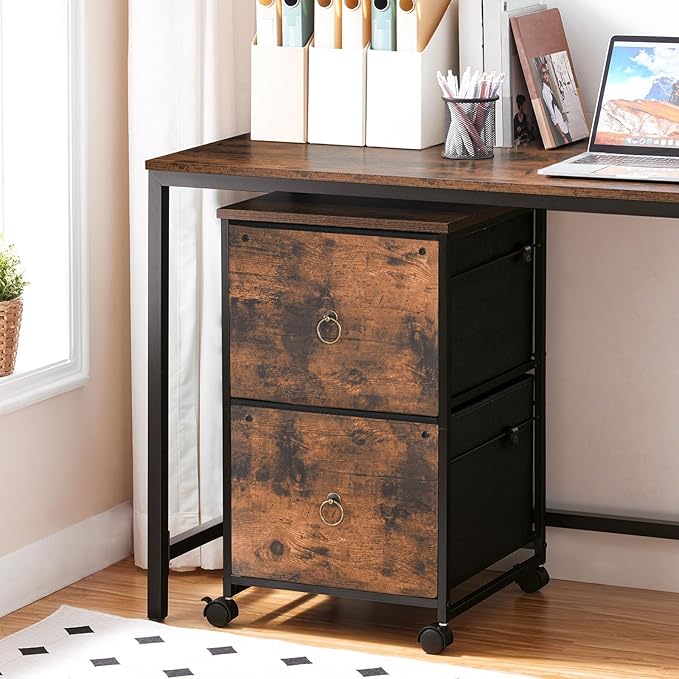 HOOBRO 2 Drawer Mobile File Cabinet, Rolling Printer Stand, Vertical Office Filing Cabinet for Home Office, A4/Letter Size, Nonwovens Drawer, Rustic Brown BF20WJ01