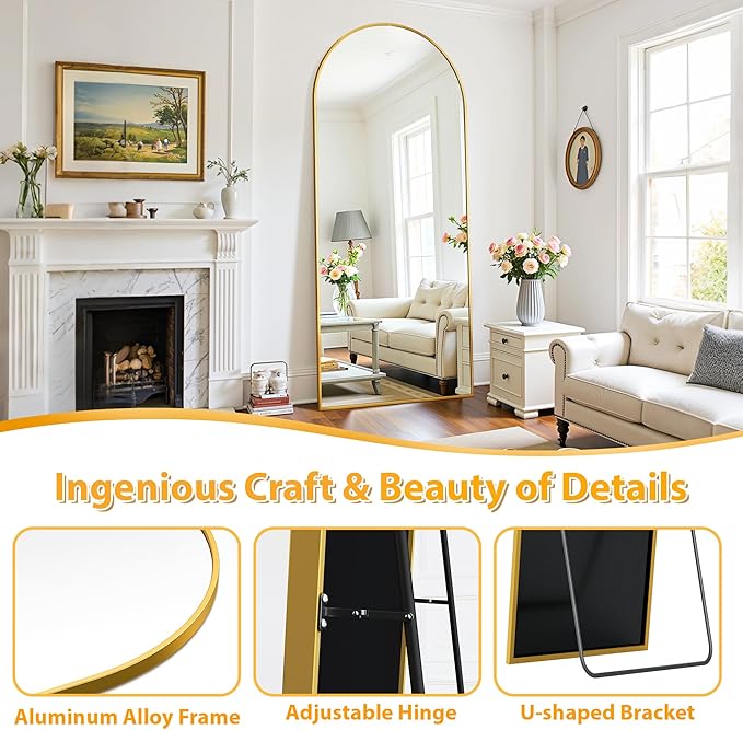 Full Length Mirror, 71"x28" Oversized Floor Mirror Freestanding, Full Body Mirror Floor Standing Mirrors with Stand, Hanging Mounted Mirrors for Bedroom Living Room, Gold, Arched Style