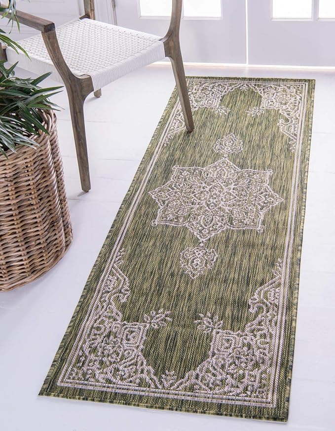 Unique Loom Outdoor Traditional Collection Area Rug - Antique (2' x 6' 1" Runner, Green/ Gray)