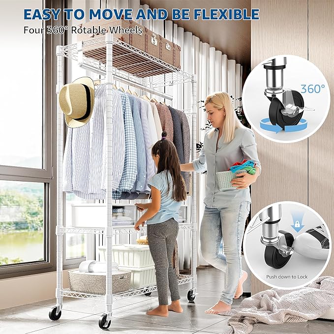 Heavy Duty Rolling Garment Rack 3 Tiers Adjustable Wire Shelving Clothes Rack with Rods and Side Hooks,Storage Closet Clothing Rack with Wheels White 15.7" D x 29.5" W x 74.5" H
