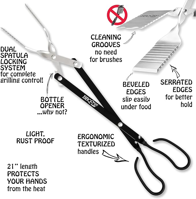 BBQCroc 3 in 1 Barbecue Tool 21-inch - Extra Light and Long Tongs, Spatula and Grill Scraper (Black)