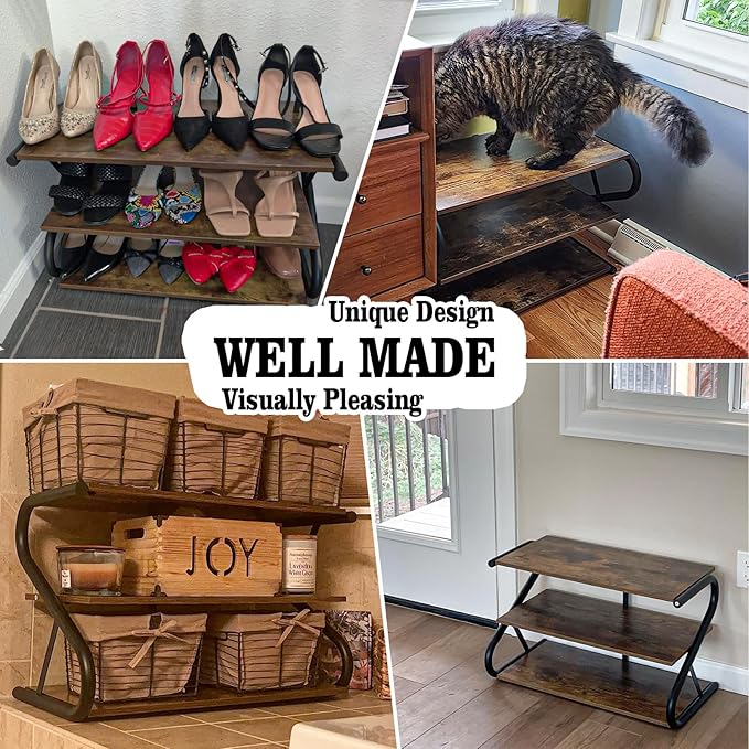 3-Tier Shoe Rack, Z-Frame Wooden Shoe Shelf with Durable Metal Shelves for Hallway, Living Room, Closet, Bedroom (Rustic)
