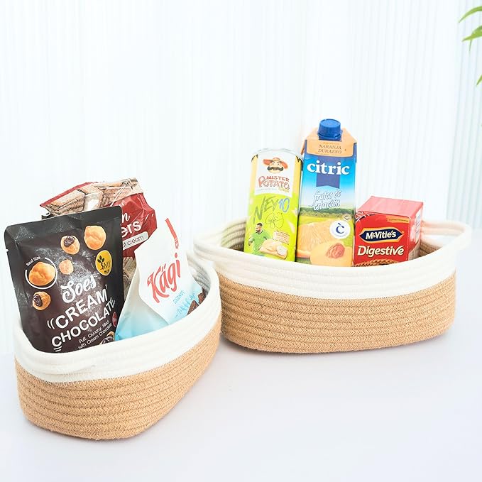 MINTWOOD Design 5-Piece Small Decorative Woven Storage Baskets Set for Shelves, Bathroom, Pantry and Nightstand Organizer, Catch All Tray with Handles for Organizing Gifts, Dog and Cat Toys, Jute