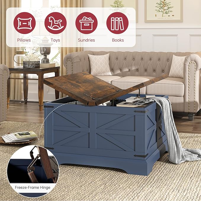 oneinmil Farmhouse Coffee Table with Storage Organizer, Square Coffee Tables with Large Storage Space, Center Table for Living Room, Bedroom, Home Office, Blue