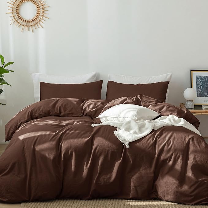MooMee Bedding Duvet Cover Set 100% Washed Cotton Linen Like Textured Breathable Durable Soft Comfy (Solid Cocoa Brown, Super King 108"x98")