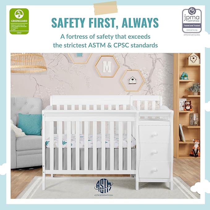 Dream On Me Jayden 4‑in‑1 Mini Convertible Baby Crib & Changer with Storage in White, Pinewood, GreenGuard Gold & JPMA, 1” Mattress Pad, 3 Mattress Heights, Converts to Mini Day & Twin-Size Bed