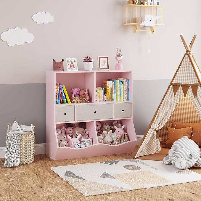 GAOMON 3-Tier Kids Bookshelf & Toy Storage Organizer - Wooden Bookcase with 6 Drawers, 8 Cubby Shelves, Anti-Tip Safety Design - Nursery, Playroom, Children's Room -2 Set Pink
