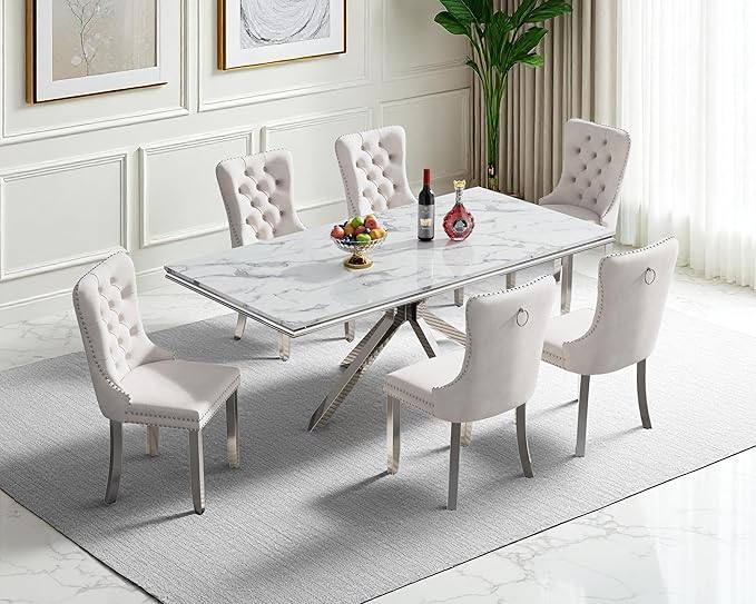 Goujxcy Luxury Dining Table Set for 6 Modern 7 Piece Faux Marble Dining Table Set with 6 Tufted Upholstered Chairs, 70" Faux Marble Kitchen Table & 6 Chairs with Mirrored Stainless Steel Base