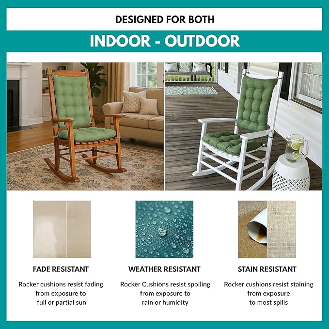 Barnett Home Decor Rave Sage Green Porch Rocker Cushions - Small - Indoor-Outdoor: Fade Resistant, Weatherproof - Latex Foam Filled Rocking Chair Seat Cushion & Backrest Pad - Solid Color