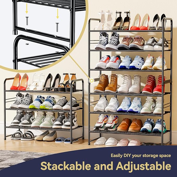 3-Tier 27” Wide Shoe Rack for Closet, Metal Stackable Shoe Shelf Organizer, Black