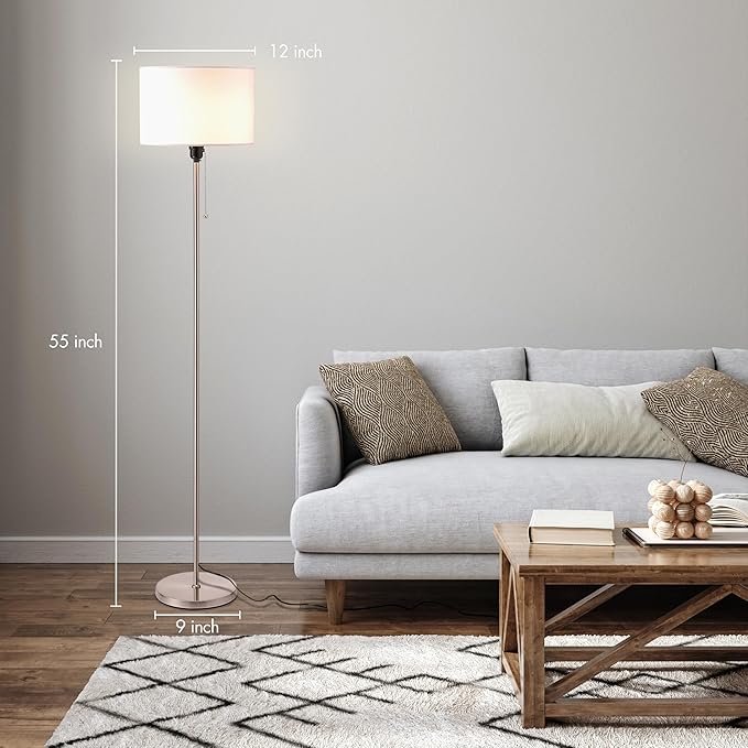 O’Bright Ted - Drum Shade Standing Lamp, Pull Chain Switch, E26 Socket, Modern Minimalist Design, Simple Floor Lamp for Living Room, Bedroom, Office, Brushed Nickel