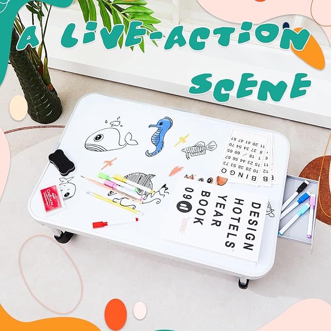 Suzile 1 Pc Kids Lap Desk with Dry Erase Board, 24" x 16" Foldable Study Tray with Drawer, Markers & Eraser, Portable Desk for Art, Homework, First Day & Back to School Supplies