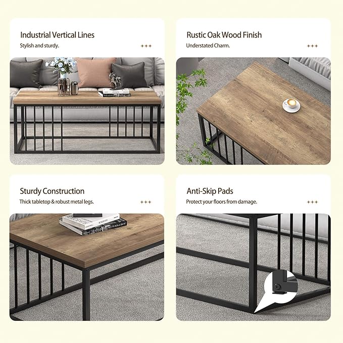 FOLUBAN Modern Coffee Table, Minimalist Wood and Metal Center Table for Living Room, Rustic Oak, 43.3 Inch