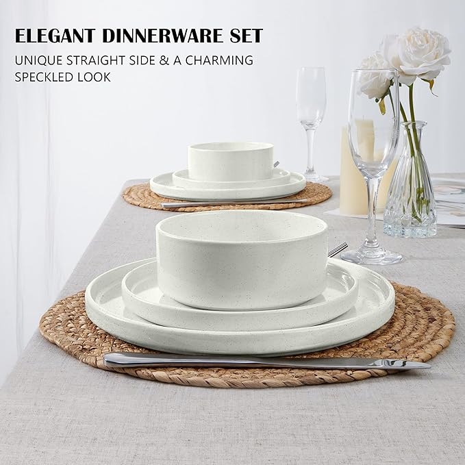 E-far Dinnerware Sets for 6, 18-Piece Stoneware Plates and Bowls Set, Modern Kitchen Dinning Dishware, Chip and Scratch Resistant, Microwave & Dishwasher Safe, Speckled White