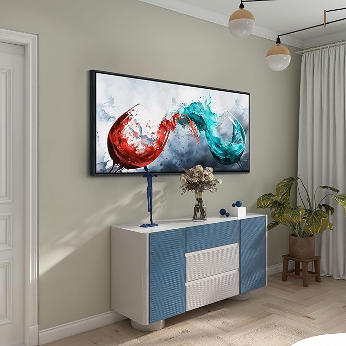 Framed Blue & Red Wine Glass Collisions Canvas Art | 24x48 inches | Modern Kitchen & Dining Room Decor | Abstract Wine Cup Painting | Contemporary Bar & Living Room Wall Art | pictures wall decor