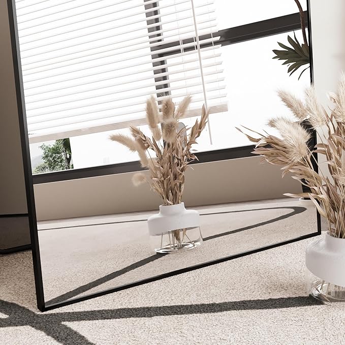 FANYUSHOW Full Length Mirror, Standing Hanging or Leaning Body Mirror, Simple Rectangle Design, Aluminum Alloy Thin Frame, Floor Mirror for Bedrooms, Bathrooms, Living Room 65"x22" (Black)