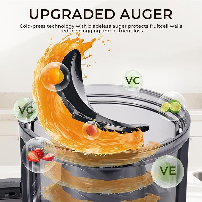 Masticating Juicer with 250W DC Motor, 5.4" Wide Feed Chute, Slow Cold Press Juice Extractor for Whole Fruits & Vegetables, High Juice Yield (DC-Gray)