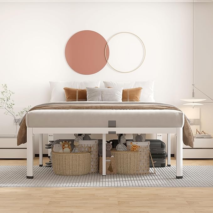 ROIL 18 Inch White King Size Bed Frame with Rounded Corner and Headboard Hole Mattress Retainers 3500LBS Heavy Duty Steel Slats No Box Spring Needed Platform Noise-Free Easy Assembly