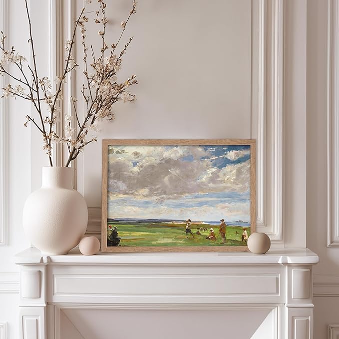 Poster Master Vintage Lady Astor Playing Golf at North Berwick Painting Poster - Retro Golf Course Print - Golf Art - Sports Art - Landscape Art - Office or Living Room Decor, 8x10 Beige Framed