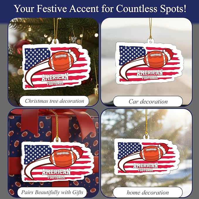 American Flag Football Christmas Ornaments 2025 - Acrylic Football Ornaments for Christmas Tree - US Flag Sports Themed Hanging Decor for Friends, Sport Player, Coaches, Teammates, Fans, Enthusiasts