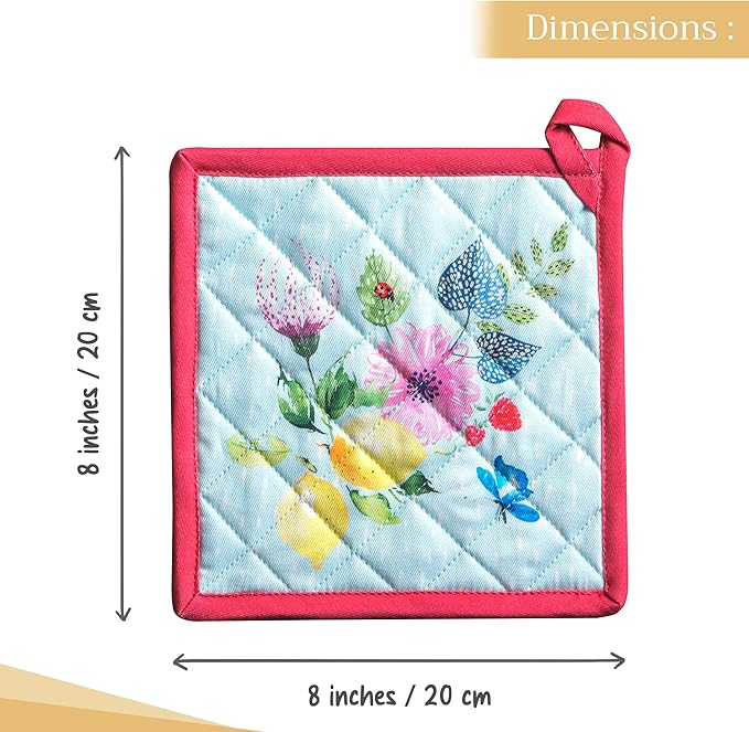 Maison d' Hermine Pot Holders 100% Cotton Heat Resistant Potholders 8" x 8" Hot Pads with Loop BBQ, Cooking, Baking, Grilling, Kitchen, Handling Hot Pans Spring/Summer (Pack of 1, Jardin D'Ete - Mint)