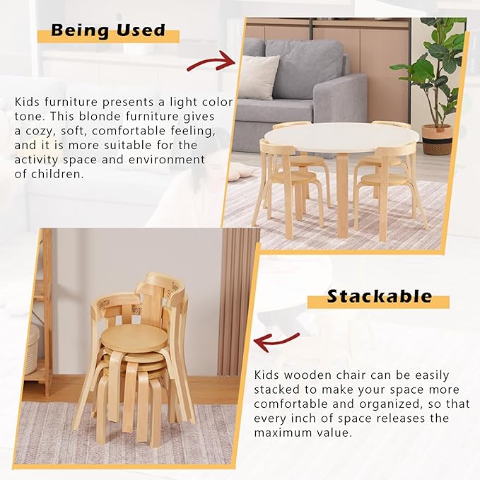 Swegrow Wooden Kids Chair, Toddler Chair for Table, Kids Stackable Chairs, Kid Wooden Furniture for Family/Playroom/Classroom（Set of 4-Natural Wood）