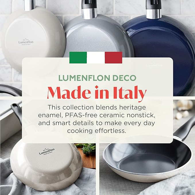 Deco 8” Nonstick Frying Pan Skillet, Made in Italy, Diamond Ceramic PFAS-Free, Dishwasher & Metal Utensil Safe, Durable Gloss Enamel Finish, Stay-Cool Handle, High Walls-Extra Room, Taupe