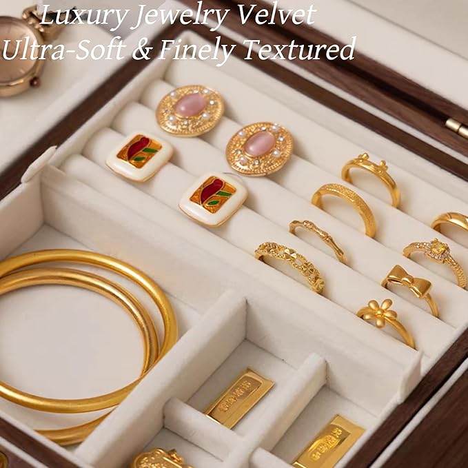 Bescott 2 Layer Solid Black Walnut Wooden Jewelry Box for Women Wood Vintage Organizer for Men Earrings Rings Necklaces Bracelet Watch Storage Mother's Day Gift