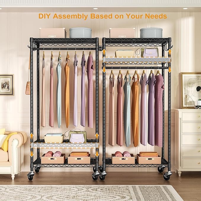 FUTASSI P6 Medium Rolling Clothes Rack Heavy Duty, Clothing Racks for Hanging Clothes, Freestanding Garment Rack with Wheels, Portable Closet Rack Max Load 370 LBS, 30''W x 14''D x 77.6''H, Black