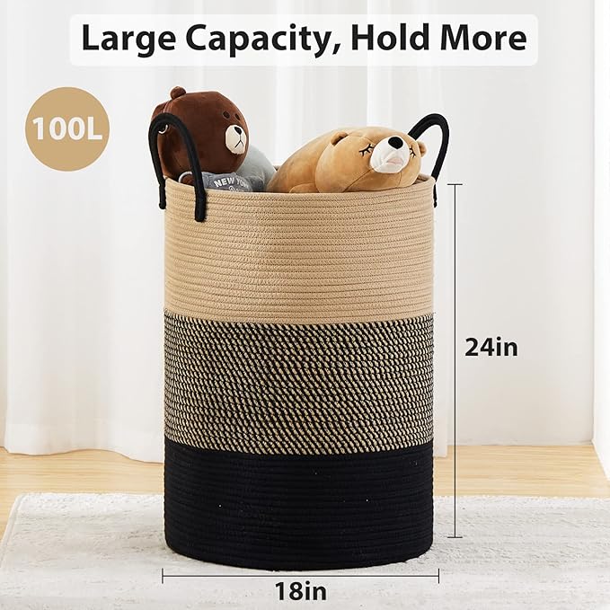 Fiona's magic 100L Extra Large Laundry Hamper Basket, 26.4Gal Tall Woven Laundry Basket Storage, Baby Nursery Hamper for Blankets, Clothes Hamper for Bedroom and Living Room Organizing, Brown & Black