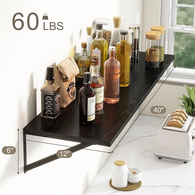 Fun Memories 40 Inch Floating Shelves, 12 Inch Deep Wall Shelf, 40 x 12 Floating Shelf Set of 2, Black Wood Floating Shelf Wall Mounted, Large Kitchen Living Room Bedroom Storage Shelves