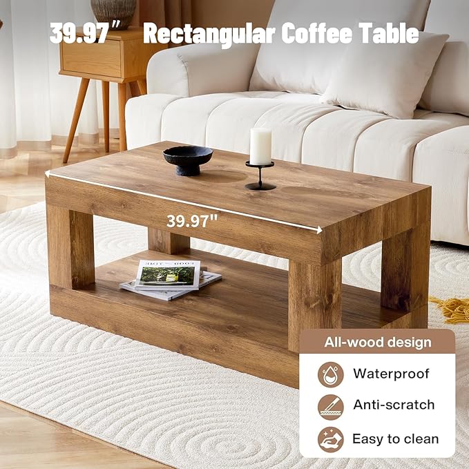 39.37" Coffee Table with Storage, 2-Tier Mid Century Rectangular Accent Table with Thick Tabletop, Rustic Style Cocktail, Center Table for Living Room, Office, Apartment (Natural Wood)