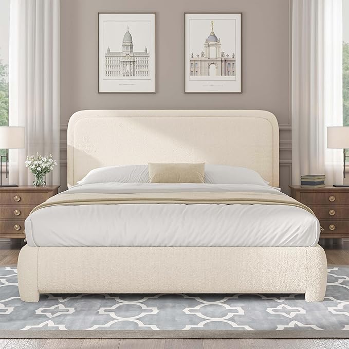 BarnFurin Queen Bed Frame with Headboard, Cloud Boucle Upholstered Platform Bed with Wood Slats, Soft Rounded Corners, No Box Spring Required, Easy Assembly, Cream