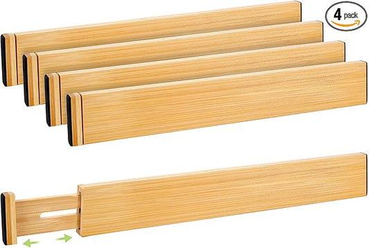 Drawer Divider, Adjustable Bamboo Kitchen Drawer Organizer, Spring Loaded Drawer Organizer, Dresser Separators for Kitchen, Bathroom, Clothes, Office Desk Storage (Natural, 4 Pack Large)